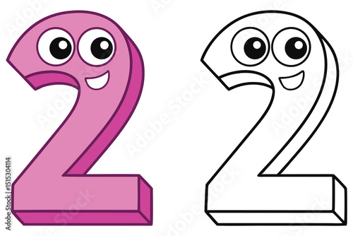 Pink cartoon number two smiles cheerfully besides its black and white coloring page version