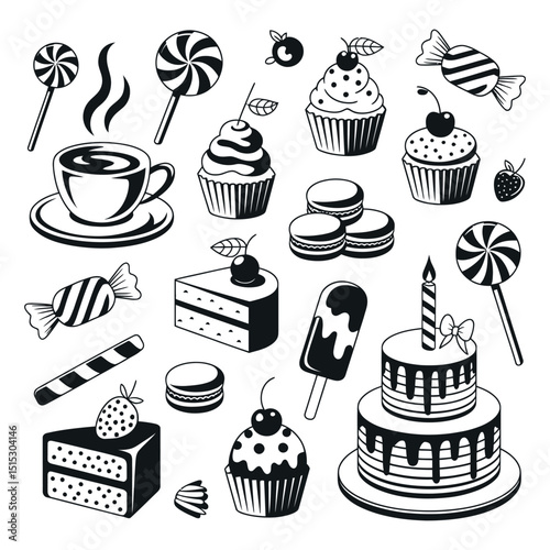Various Black and White Dessert Icons Including Cake Cupcakes Candy Macarons Coffee and Ice Cream on a White Background