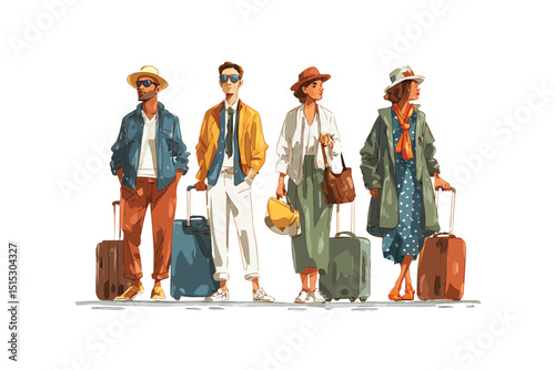 Flat Vector Poster of Glamorous Travelers on Platform isolated