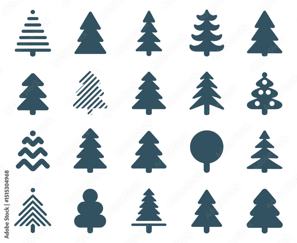 Collection of Fifteen Different Dark Cyan Christmas Tree Icons on a White Background Ideal for Winter Holiday Designs and Festive Season Projects
