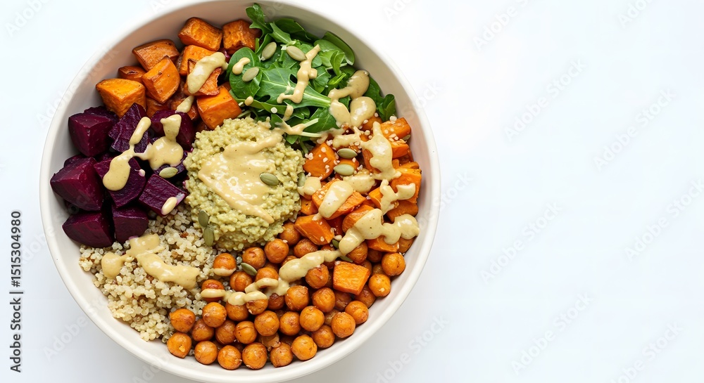 Healthy Bowl with Roasted Vegetables and Greens Overhead Healthy Bowl with Roasted Vegetables and Greens Overhead