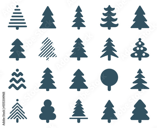 Collection of Fifteen Different Dark Cyan Christmas Tree Icons on a White Background Ideal for Winter Holiday Designs and Festive Season Projects