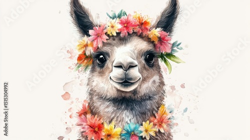 watercolor cartoon llama with flower garland around its neck, white background
