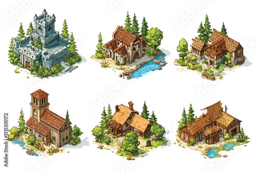 Isometric Strategy Game Tiles with Castles and Village isolated