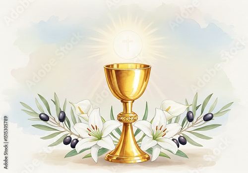 Golden chalice surrounded by white lilies and olive branches  