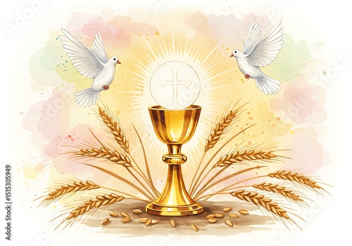 Golden chalice with communion host and doves on wheat background  