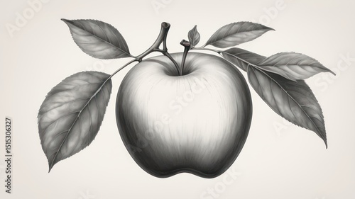 Detailed grayscale illustration of an apple with leaves
