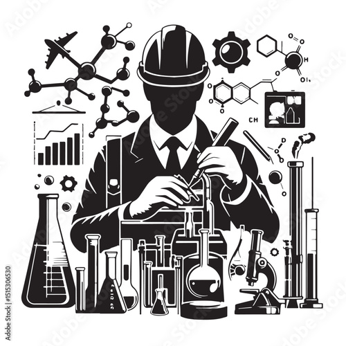 Black Color Chemical Engineering Silhouette Vector Illustration, Solid White Background