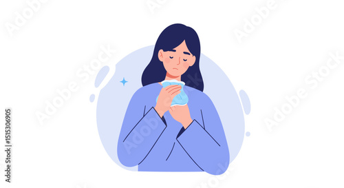 Woman holding cold compress with a thoughtful expression on her face  