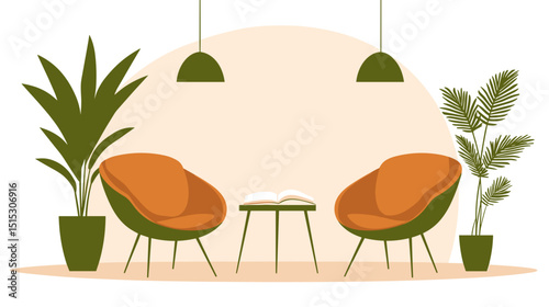 Cozy therapist office with orange chairs and plants in warm colors  