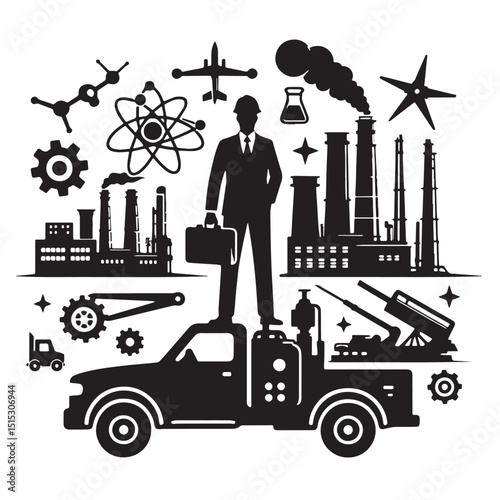 Black Color Chemical Engineering Silhouette Vector Illustration, Solid White Background