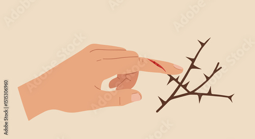 Hand with cut finger touching thorny branch against neutral background  