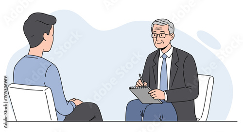 Elderly therapist discussing with young client in a minimal office setting  