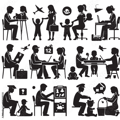 Black Color Childcare Silhouette Vector Illustration, Solid White Background