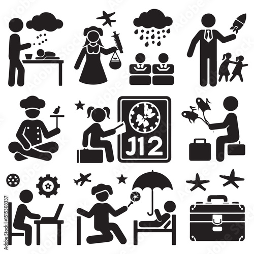Black Color Childcare Silhouette Vector Illustration, Solid White Background