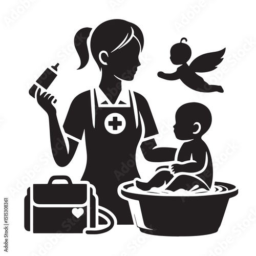 Black Color Childcare Silhouette Vector Illustration, Solid White Background