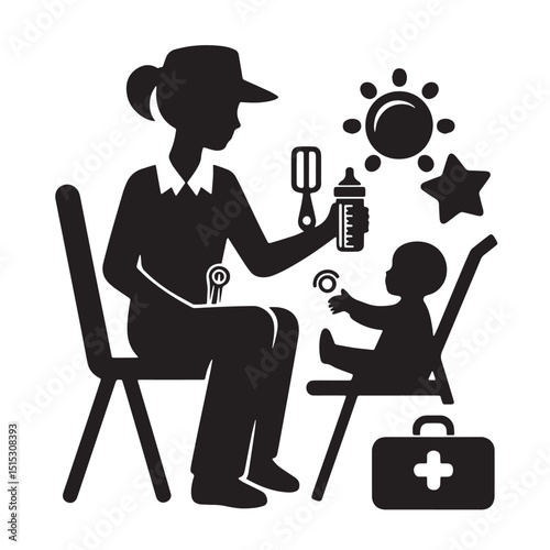 Black Color Childcare Silhouette Vector Illustration, Solid White Background
