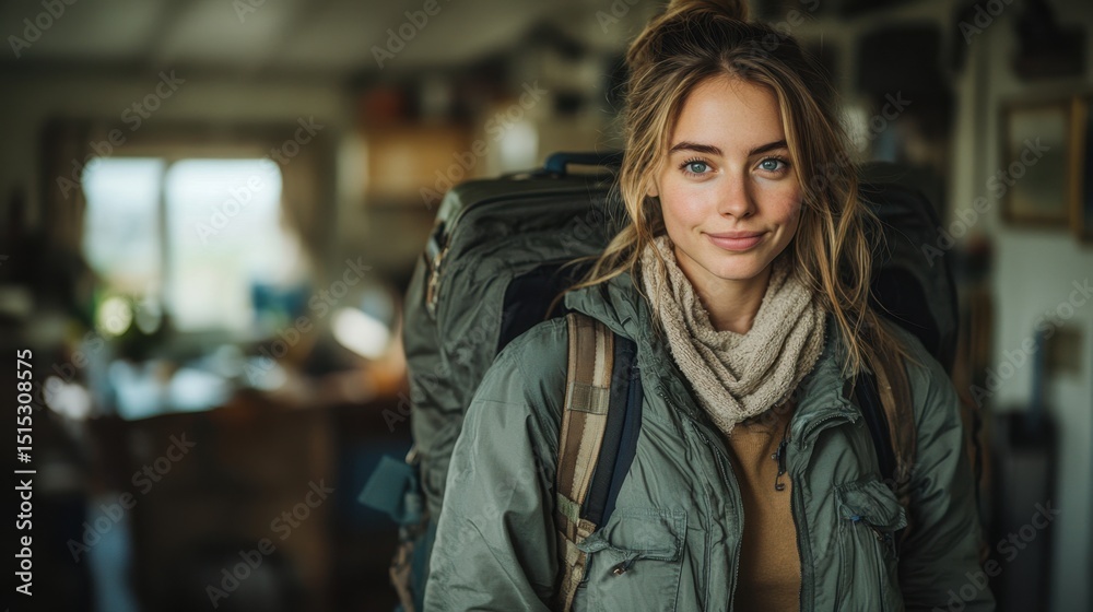 Fototapeta premium Woman with a backpack in a room with a window travel concept copy space