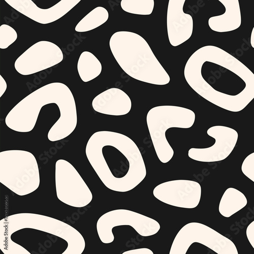 Black and white leopard print. Vector seamless pattern with bold spots, organic shapes. Cut-out style illustration. Stylized animal skin texture, jaguar, cheetah, leo fur. Abstract repeated background