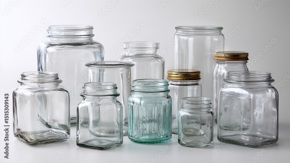 Collection of empty glass containers of various sizes and shapes arranged neatly on a white background, studio lighting. Collection of empty glass containers of various sizes and shapes arranged neatly on a white background, studio lighting.