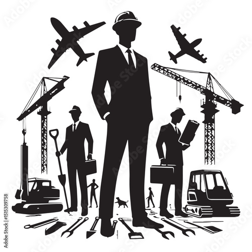 Black Color Civil Engineering Silhouette Vector Illustration, Solid White Background