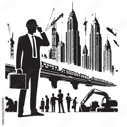 Black Color Civil Engineering Silhouette Vector Illustration, Solid White Background