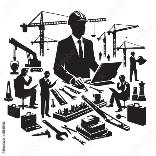 Black Color Civil Engineering Silhouette Vector Illustration, Solid White Background