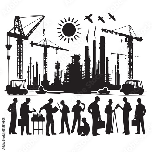 Black Color Civil Engineering Silhouette Vector Illustration, Solid White Background