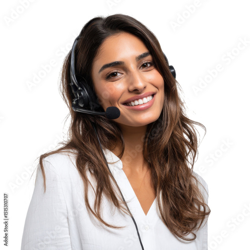 Professional Indian female customer service representative, headset and computer, supportive posture, friendly expression, professional studio photography, isolated white background, cut-out