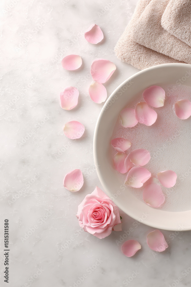 serene top view of milk bath adorned with delicate rose petals creating tranquil atmosphere serene top view of milk bath adorned with delicate rose petals creating tranquil atmosphere