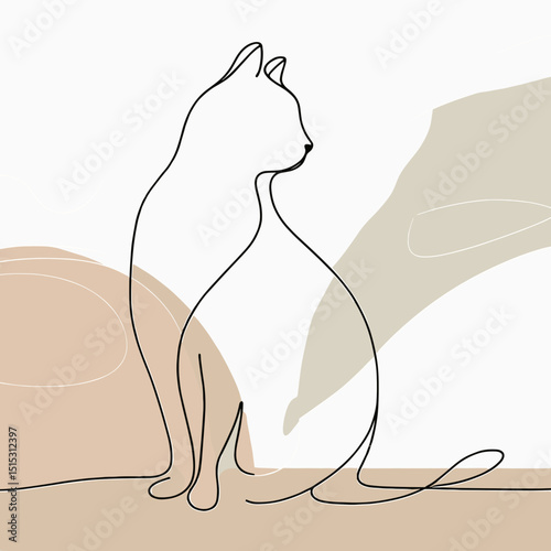 Minimalist line drawing of a cat sitting against abstract shapes  
