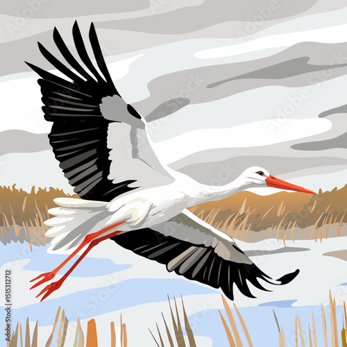 Majestic white stork soaring over serene wetlands, captured in a detailed digital illustration.