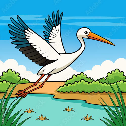 Majestic white stork soaring over serene wetlands, captured in a detailed digital illustration.