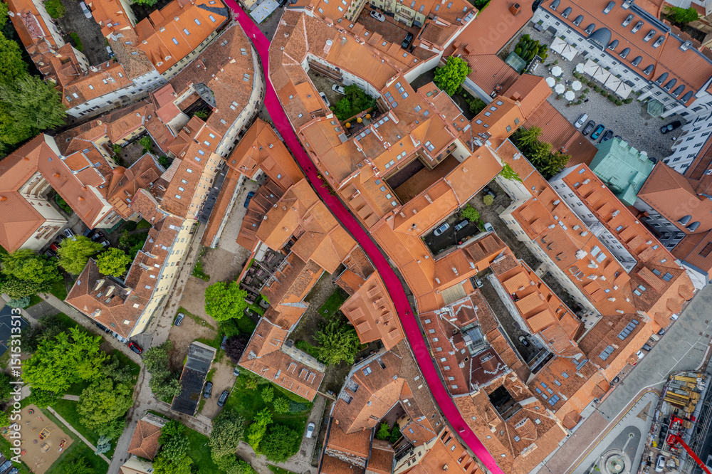 Fototapeta premium Aerial summer beautiful morning view in Vilnius old town, Vilnius Pink Soup Fest, Lithuania