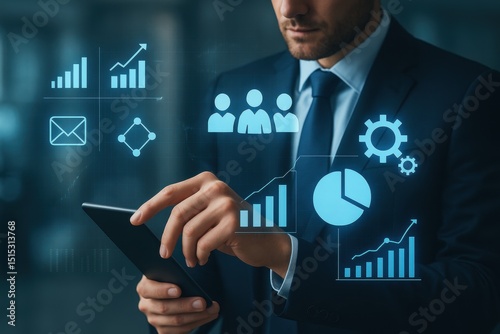 Strategic Vision: A determined businessman leverages his tablet to explore data insights through a holographic interface, illuminating potential for strategic growth and innovation.