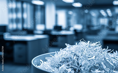 Company staff destroy documents during a dawn raid by competition authorities amidst a modern office background with a bin containing shredded paper and blurred open space