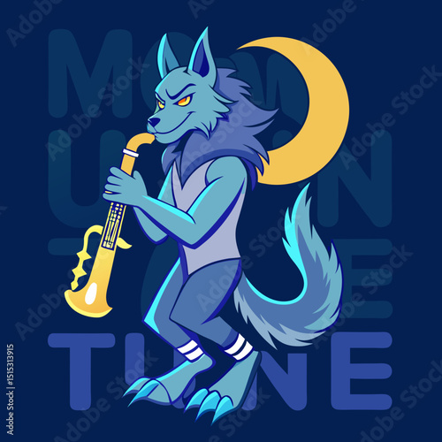 Cool blue werewolf plays saxophone moon tune