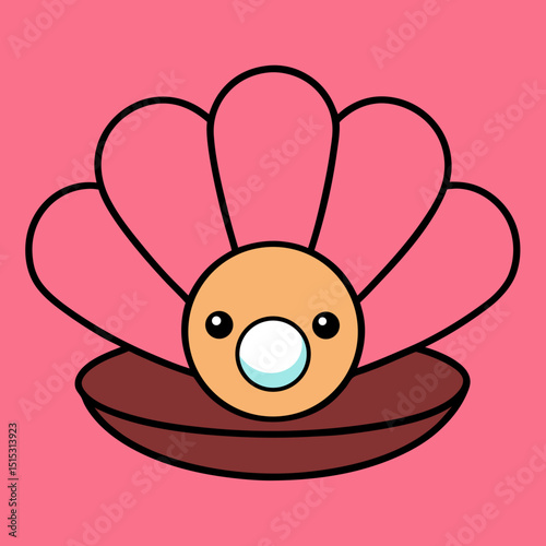 Cute cartoon clam holding a pearl treasure