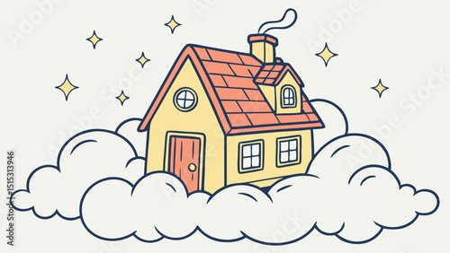 Cute house on clouds, dream home illustration, png