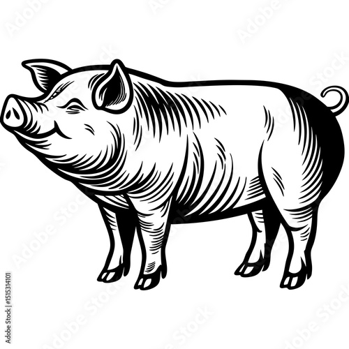 Happy pig farm animal black and white illustration