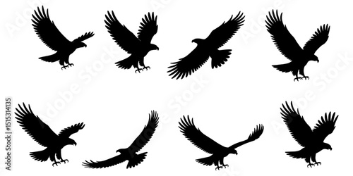 Flying bird silhouettes: a vector set of various wild birds including eagles, hawks, doves, and crows, perfect for nature-inspired designs and illustrations