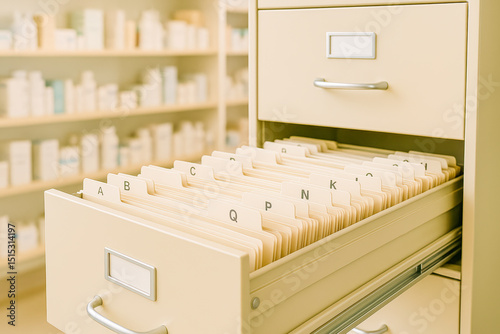 Alphabetized pharmacy filing cabinet drawer pulled open, showcasing organized medical records or prescription index cards, set against a background of pharmaceutical shelves filled with bottles 