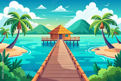 Tropical beach bungalow overwater wooden pier paradise