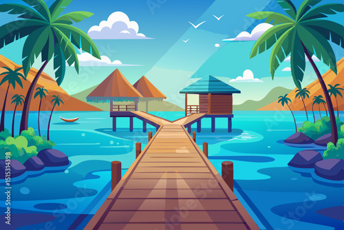 Tropical paradise beach scene with overwater bungalows