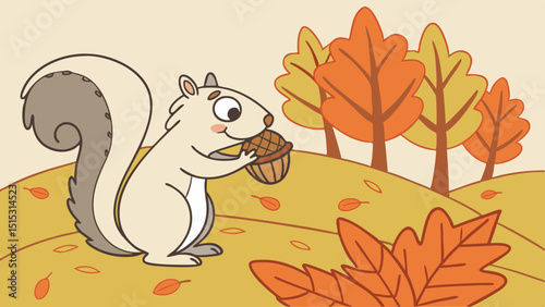 Adorable squirrel with acorn autumn scene transparent png