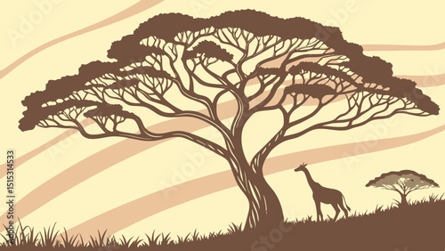 African savanna silhouette giraffe tree landscape