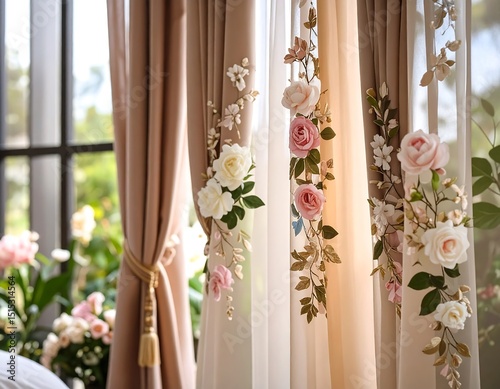 Elegant floral curtains by a window