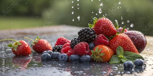 Fresh Berries and Fruit with Water Droplets on Wet Surface V7