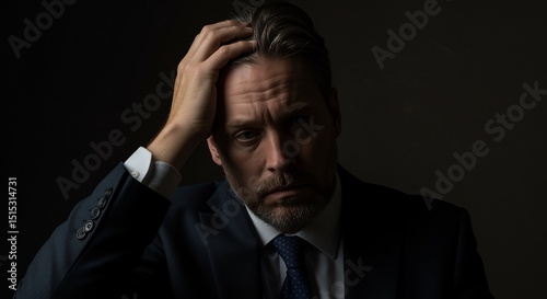 Businessman in Contemplation: A pensive businessman, dressed in a dark suit and tie, runs a hand through his hair, lost in thought against a dark background. The mood is serious, introspective.