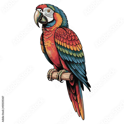 A colorful red and yellow macaw parrot, an exotic ara ararauna, is isolated